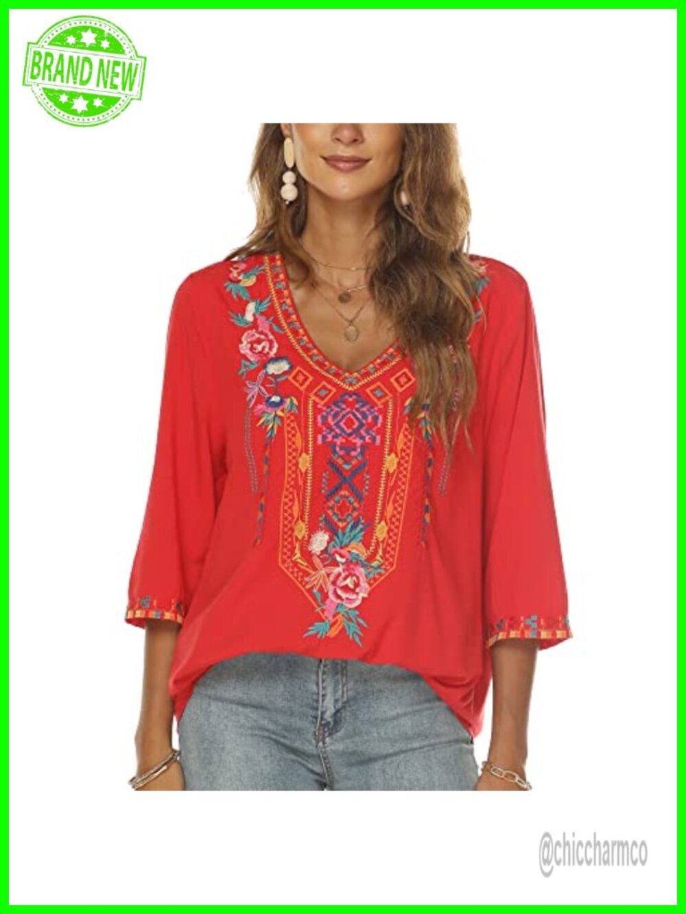 Bohemian Embroidered Tunic Top 3/4 Sleeve V-Neck Peasant Blouse